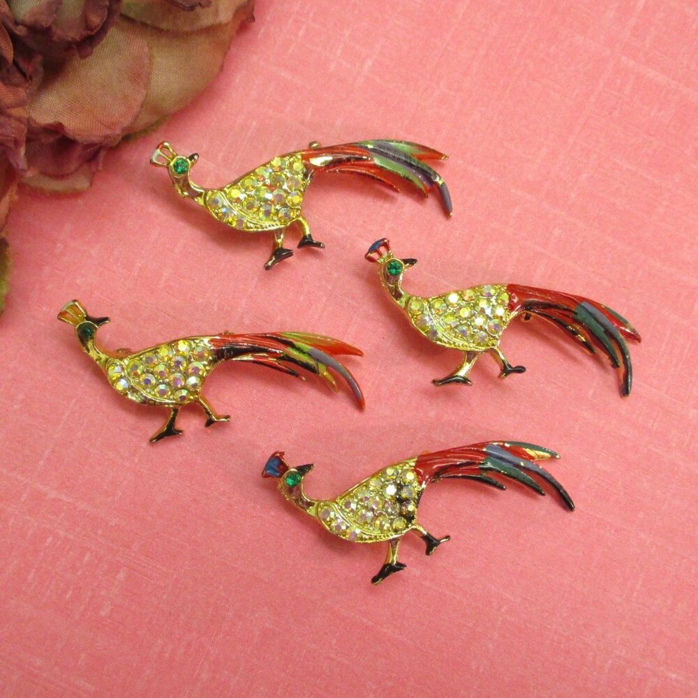 VINTAGE AB Rhinestone Enamel Silver Pheasant Brooch Lot ~ 4 Multicolored Birds